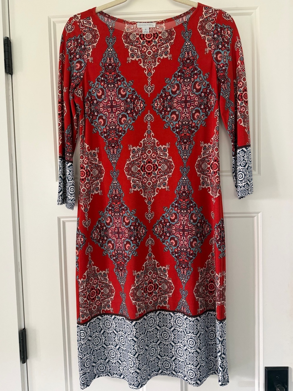 London Times Red Damask Medallion Midi Dress, 3/4 Sleeves, Size 4